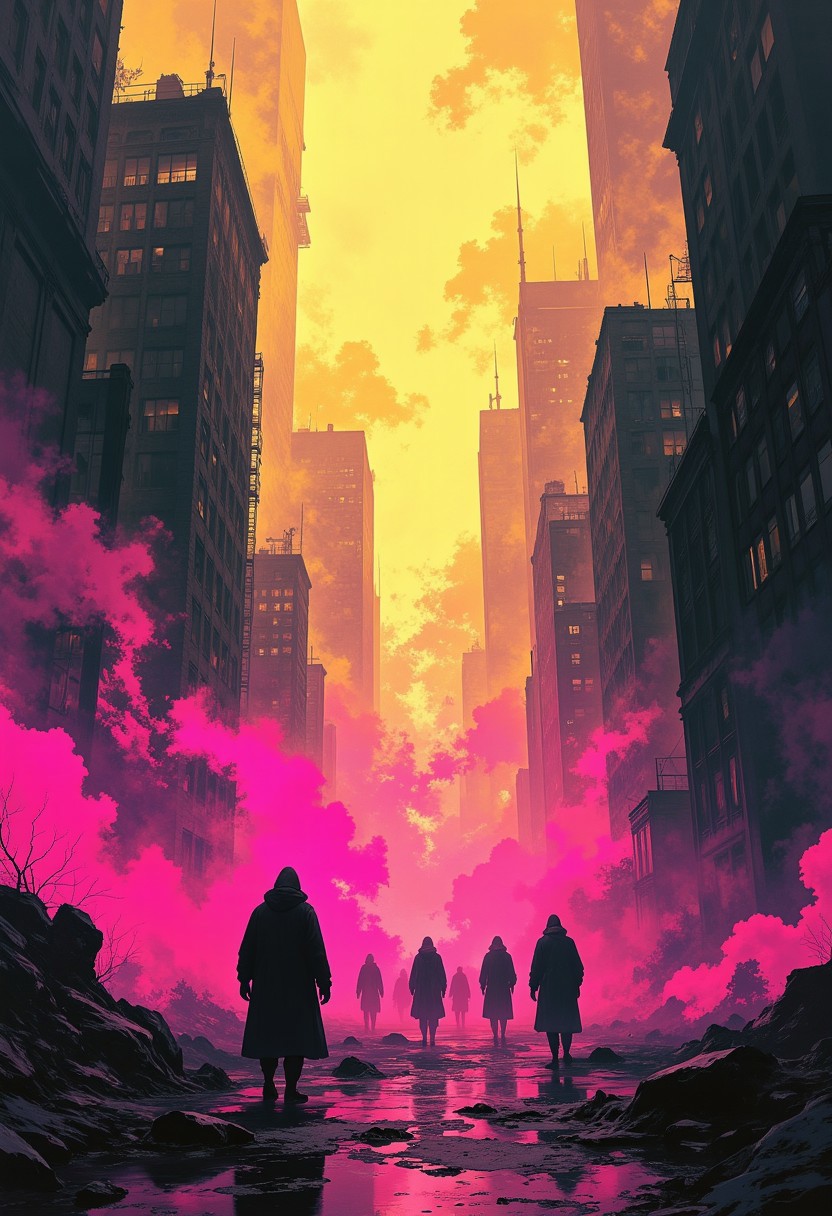 A hauntingly atmospheric digital painting of an urban void, shrouded in swirling volumetric fog that cloaks the fragmented silhouettes of figures moving like ephemeral ghosts through shifting beams of neon light. The silhouettes are indistinct, their forms dissolving into the haze, evoking a sense of mystery and detachment. The scene is bathed in a vibrant yet melancholic color palette of pulsing magentas, muted yellows, and deep shadows, with the fog absorbing and refracting the neon glow to create a surreal, dreamlike ambiance. An analog noise texture overlays the image, lending it a tactile, nostalgic quality reminiscent of decaying film stock, further blurring the line between physical space and digital memory. The composition feels immersive yet disorienting, as if the viewer is caught in a hypnotic rhythm of light and shadow within a city lost to time. Cyberpunk aesthetic, dystopian surrealism, analog futurism.. In the style of ff-td, DB4RZ, DB4RZ style painting
