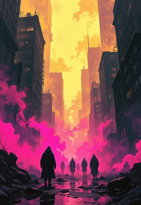 A hauntingly atmospheric digital painting of an urban void, shrouded in swirling volumetric fog that cloaks the fragmented silhouettes of figures moving like ephemeral ghosts through shifting beams of neon light. The silhouettes are indistinct, their forms dissolving into the haze, evoking a sense of mystery and detachment. The scene is bathed in a vibrant yet melancholic color palette of pulsing magentas, muted yellows, and deep shadows, with the fog absorbing and refracting the neon glow to create a surreal, dreamlike ambiance. An analog noise texture overlays the image, lending it a tactile, nostalgic quality reminiscent of decaying film stock, further blurring the line between physical space and digital memory. The composition feels immersive yet disorienting, as if the viewer is caught in a hypnotic rhythm of light and shadow within a city lost to time. Cyberpunk aesthetic, dystopian surrealism, analog futurism.. In the style of ff-td, DB4RZ, DB4RZ style painting