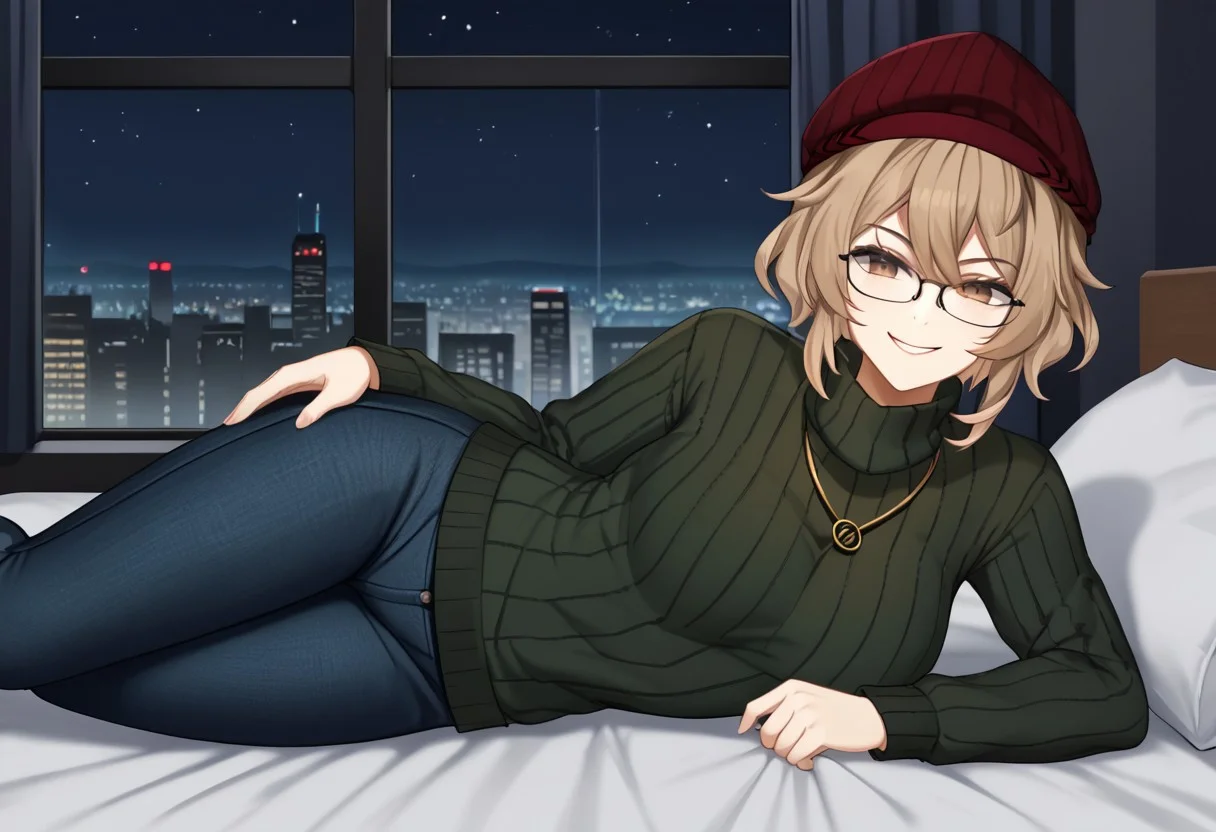 1girl, solo, highres, ClioAite, brown eyes, glasses, short hair, bangs, hair between eyes, black-framed eyewear, red headwear, hat, beanie, jewelry, necklace,
long sleeves, sweater, turtleneck, turtleneck sweater, green sweater, ribbed sweater, pants, jeans, denim,
on bed, lying, on side,
looking at viewer, naughty face, evil smile, head tilt,
dark, night, night sky, indoor, window, cityscape, neon lights, backlighting,
