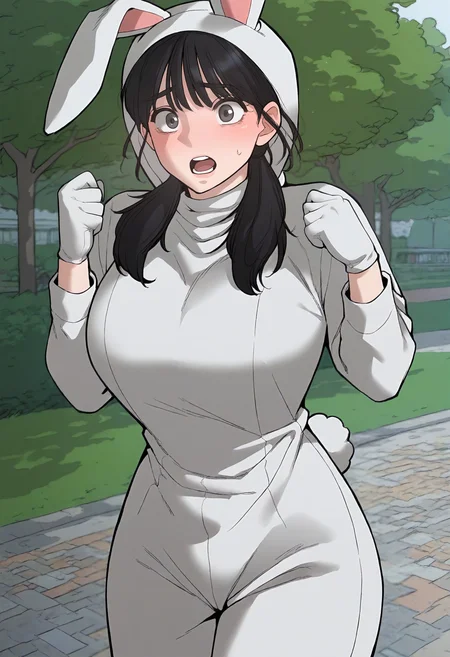 score_9, score_8_up, score_7_up, score_6_up, source_anime, rating_explicit, 1girl, (solo:1.1), huge breasts, <lora:Oh Chunsim prefectPonyxl2:1> black hair, low twintails, black eyes, long hair, grey eyes, hair over shoulder, fake animal ears, rabbit costume, rabbit hood, hood up, long sleeves, white gloves, embarrassed, surprised, open mouth, park, outdoors, looking at viewer, standing, open hand, hands up
