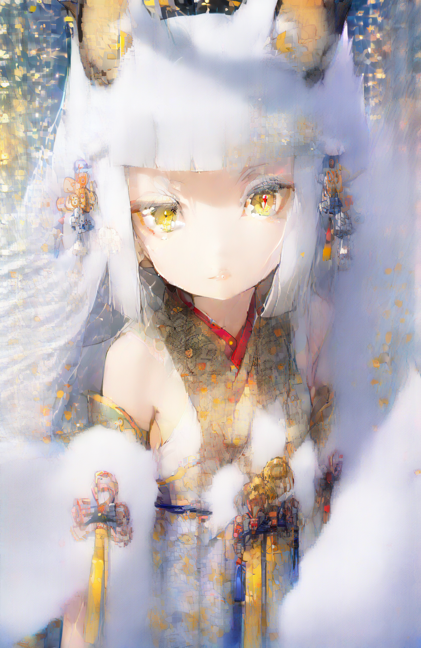 score_9,score_8_up,score_7_up,source_anime,
masterpiece, best quality, illustration, beautiful detailed shiny eyes, beautifully detailed skin, Depth of field,
masterpiece, best quality, extremely detailed, detailed face, detailed background, detailed eyes, BREAK 1girl, (solo:1.2), small breasts, (long hair, white hair, straight hair, blunt bangs, hime cut:1.2), sidelocks, yellow eyes, white fox ears, white fox tail, long eyelashes, BREAK white shirt, short sleeves, bare arms, white thighhighs, white socks, BREAK expressionless, simple background, white background, wariza, on floor, hands between legs, looking at viewer, (head tilt:1.2), backlighting, cowboy shot, facing viewer, dynamic angle, from above
masterpiece, best quality, extremely detailed, detailed face, detailed eyes     <lora:IshikePony:1>