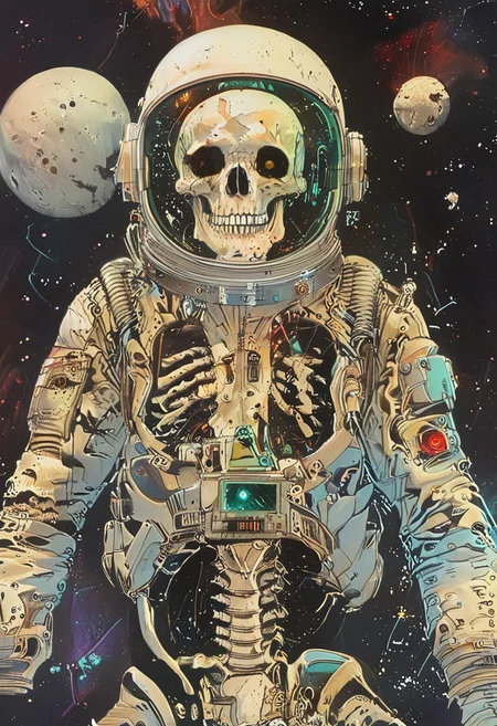 score_9,score_8_up,score_7_up, ((masterpiece,best quality)),absurdres, full body view, distant view, 3/4 view, John Harris Style page, style of Simon Bisley, Simone Martini Style, space_space, dead astronaut, skeleton in a space suit, torn rusty dirty white american space suit, cracked space suit helmet visor,skull in helmet, glass shards, floating through space, space stars galaxy background,