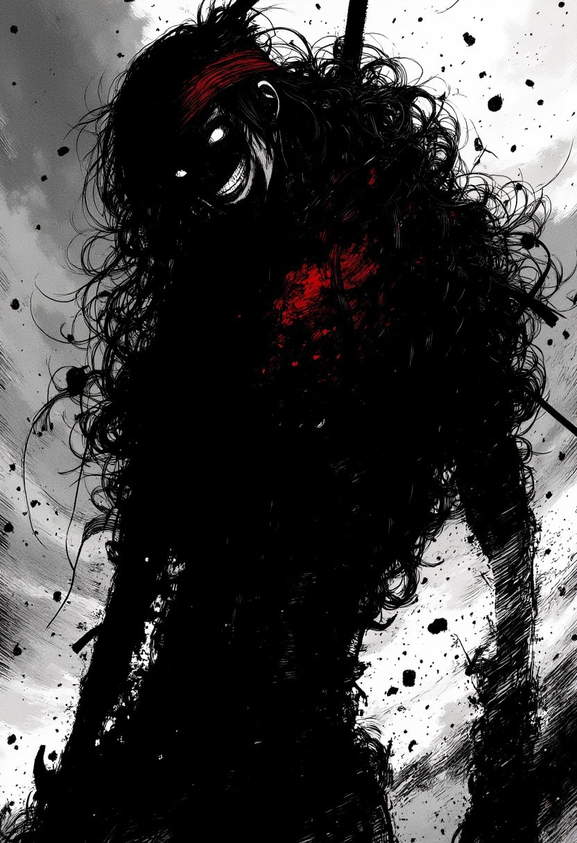 nistyle, monochrome Manga Sketch, extreme head Closeup, a dark ethereal fighters black billowing aura, Killing Gaze smile, eerie, Long Red headband, Shrouded in darkness, shaded eyes, Low angle View, hyperdetailed manga sketch style, with bleaked  color Highlights, grey, and white color grading. Greyscale, Planethead, Silhouette,