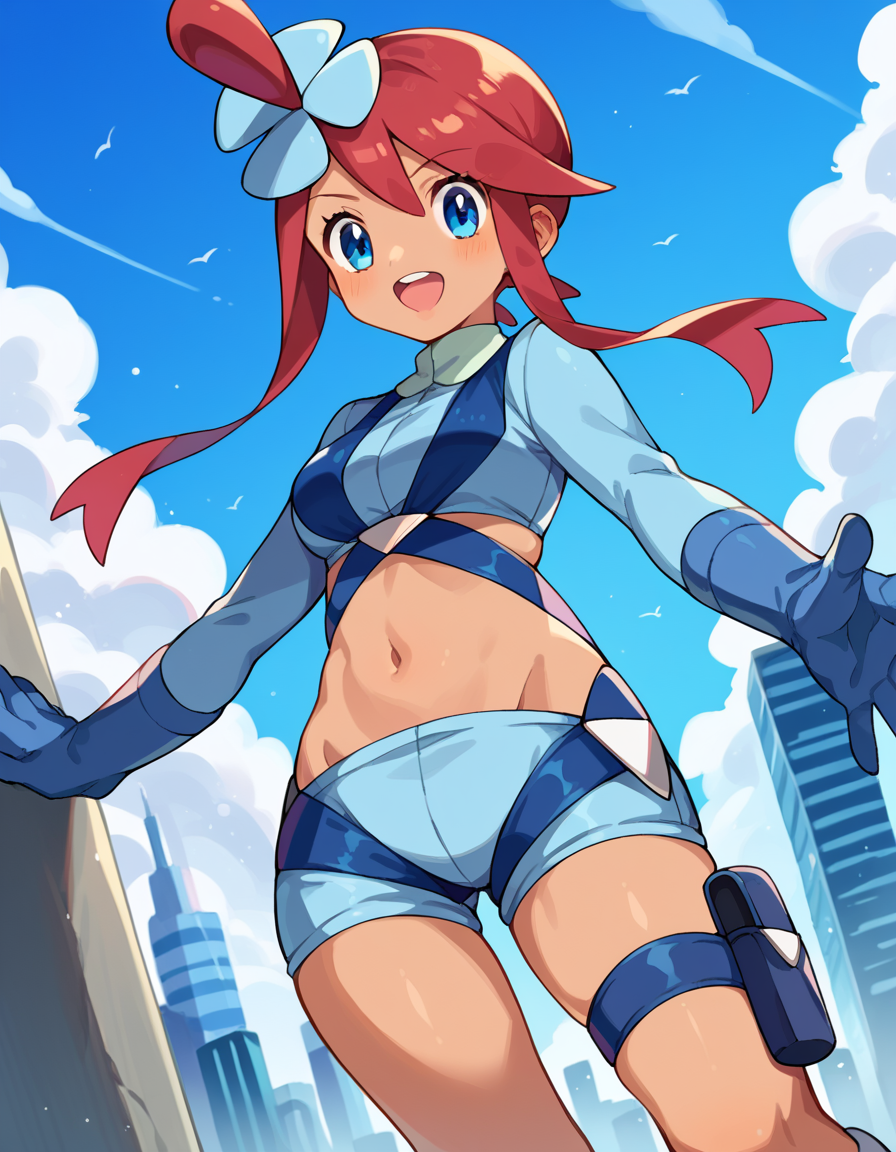 score_9, score_8_up, score_7_up, source_anime,
pokemonskyla, <lora:pokemon-skyla-ponyxl-lora-nochekaiser:1>
pokemonskyla, blue eyes, hair ornament, one side up, red hair, short hair with long locks, sidelocks,
blue footwear, blue gloves, blue jacket, blue shorts, boots, crop top, cropped jacket, gloves, jacket, midriff, navel, short shorts, shorts, thigh pouch,
outdoors, cityscape,
looking at viewer, cowboy shot, dutch angle,