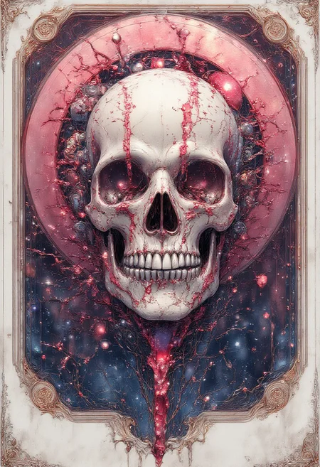 skull of sci-fi cyborg with implants, space planet on the background, mix of the blood and electrical diagrams in the cyberpunk horror style,
white colors, red colors, blue colors, little of gray colors