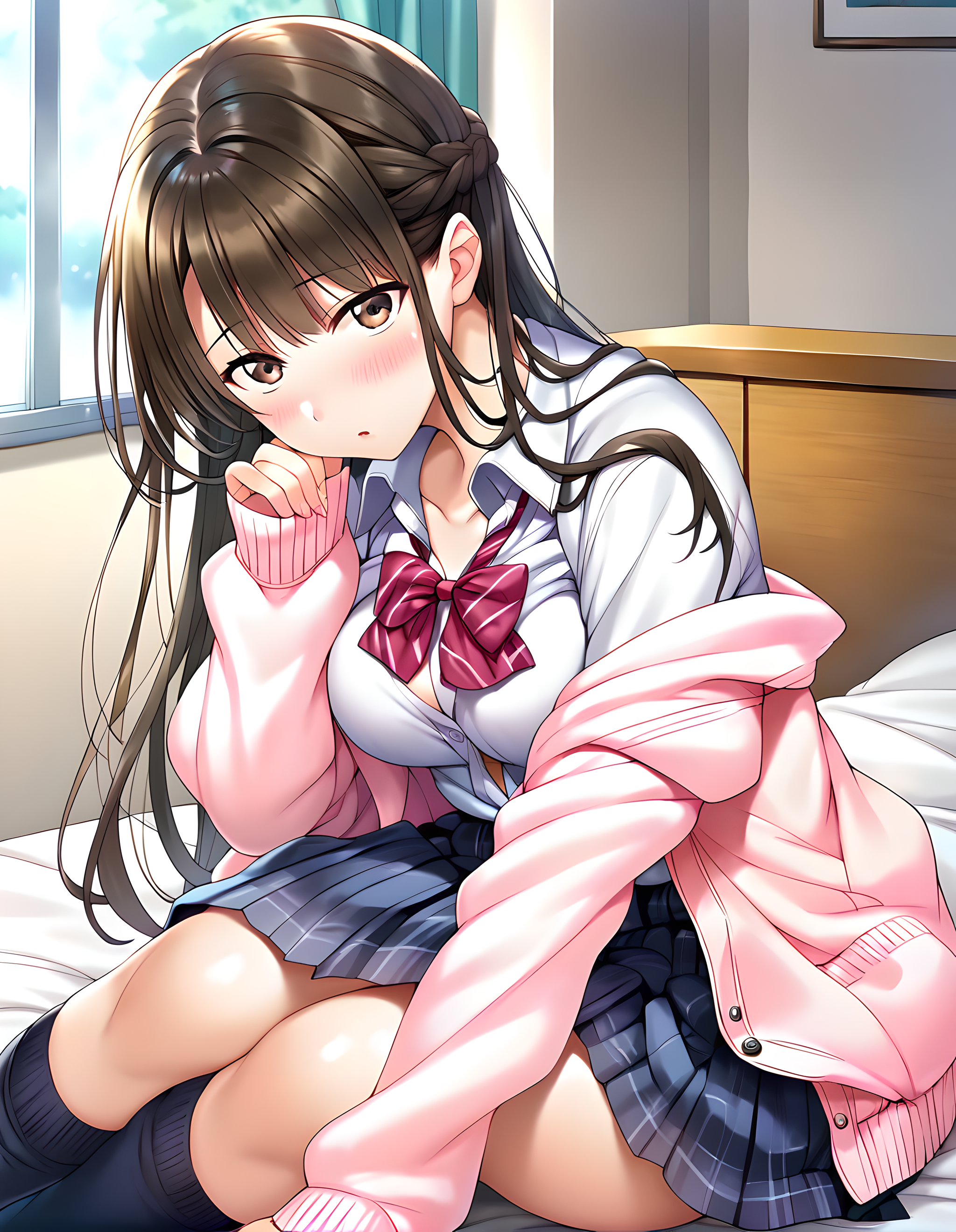 <lora:pony_xl_ayame:0.8>,ayame,score_9,score_8_up,score_7_up,source_anime,1girl,looking_at_viewer,school uniform,open clothes,red bow,pink cardigan,white collared shirt,blue pleated skirt,plaid skirt,striped,socks,bedroom,bed,sitting_on_bed,blush,