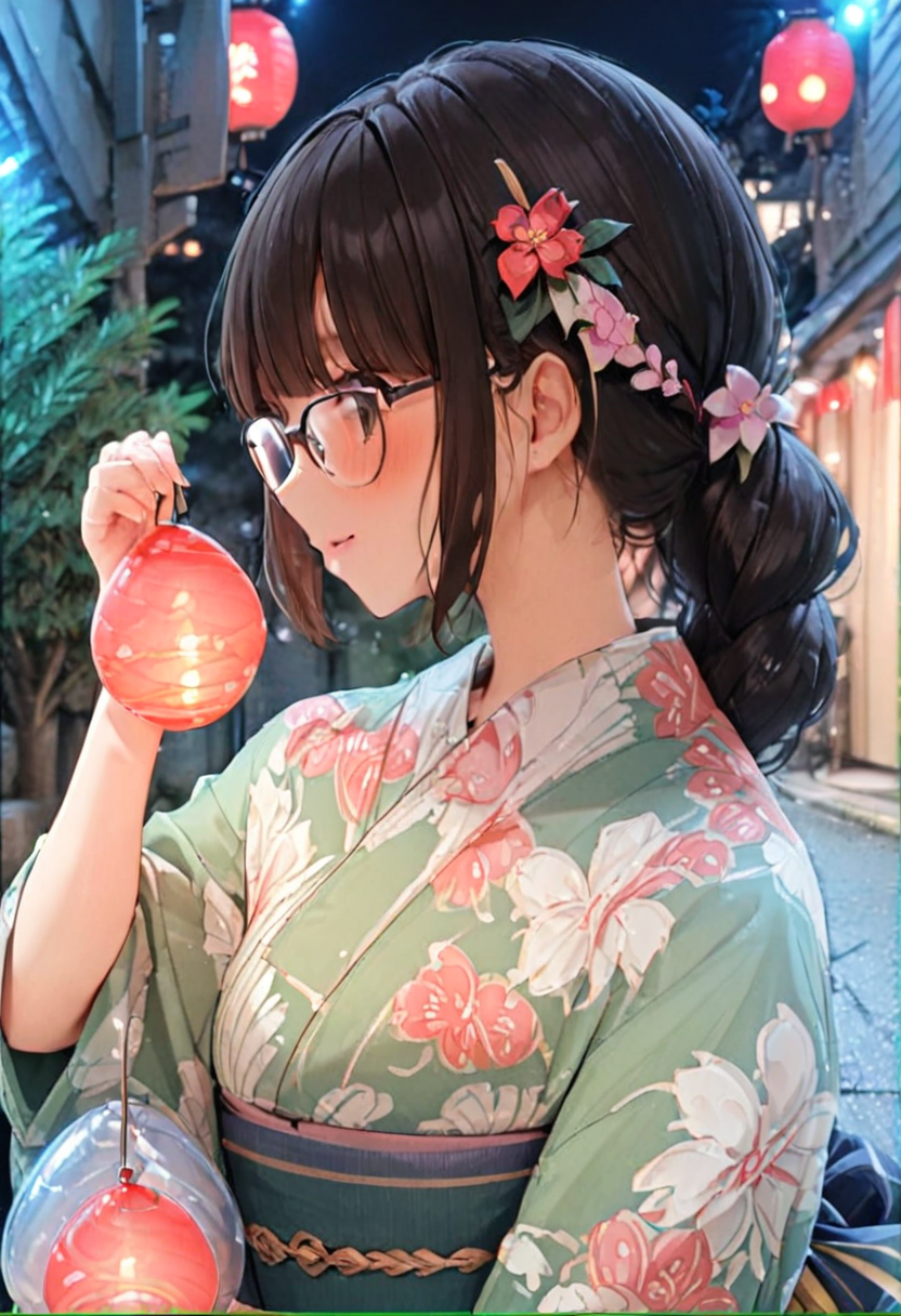 masterpiece, best quality, very aesthetic, absurdres,
mizufusen, 1girl, japanese clothes, solo, glasses, yukata, hair ornament, flower, hair flower, holding, smile, upper body, profile, bangs, sash, floral print, black hair, hand up, obi, blunt bangs, closed mouth, from side, braid, blush, pink flower, green kimono, night, summer, paper lantern, blurry background, 
 <lora:mizufusen_SDXL_V1:1>