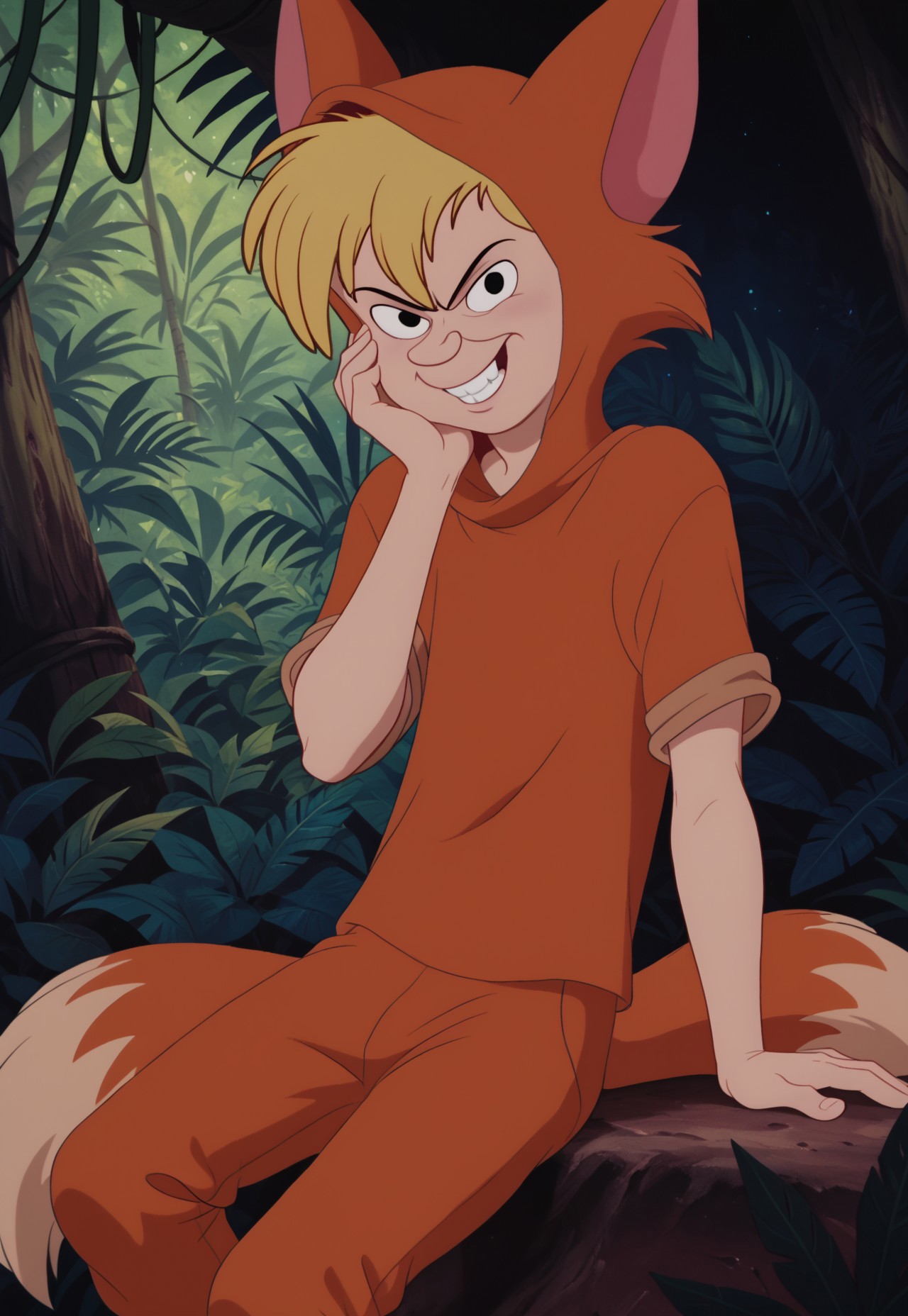 score_9, score_8_up, score_7_up, pinup pose, looking at viewer, perfect face, colorful, dramatic angle, detailed, intricate details, highres, absurdres, unique angle, jungle, night, 1boy, solo, blonde hair, buck teeth, black eyes, orange animal costume, fox tail, animal hood, retro artstyle, slightlypan, hand on face, grin, short, young, sitting