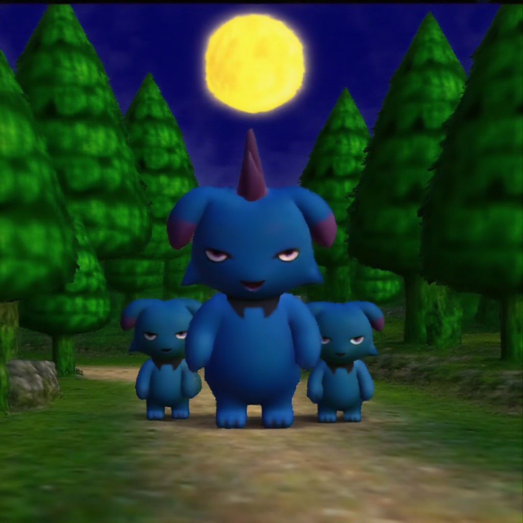n64style. group of blue Depresso are standing in the lush green forest. they are looking at viewer with indifference. it is night time and moon shines bright above trees. flat lighting, low resolution, crt scanlines, low poly