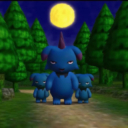 n64style. group of blue Depresso are standing in the lush green forest. they are looking at viewer with indifference. it is night time and moon shines bright above trees. flat lighting, low resolution, crt scanlines, low poly