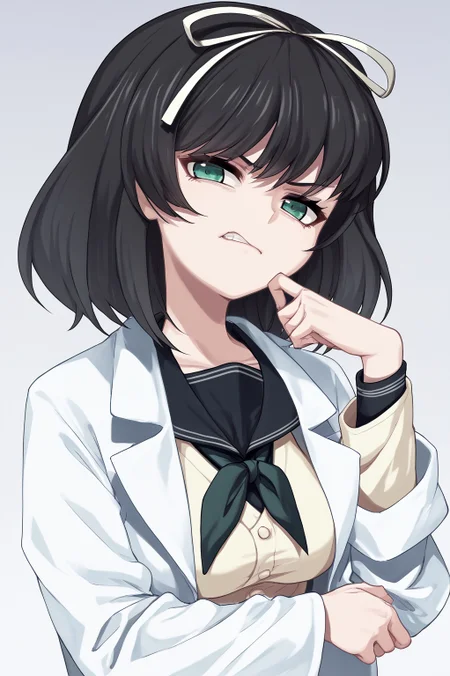 score_9, score_8_up, score_7_up, source_anime, perfect lines,  hokari kanae, 1girl, kanae school uniform, labcoat, disgust, scowl, disdain, looking at viewer, gesugao,  <lora:kanae:1> <lora:gesugao_v1_pruned:0.8>