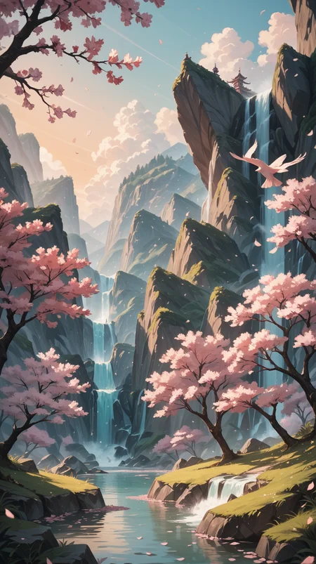 score_9, score_8_up, score_7_up, score_7, score_6_up, score_5_up, a picture of a waterfall, surrounded by cherry blossom trees , cherry blossom petals flying Through the picture, , , sunset in distance, which colors the sky and illuminates the picture and casts shadows on the cherry blossom tree