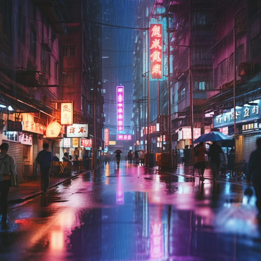 film photography, film grain, detailed, perspective, 3d, realistic, concept art, 4k, 8k
night, neon, city, tall building, street, shanghai, (motion blur:1.1), violet and blue background, human silhouette, sepia tone, utility pole, industrial pipe, rain, reflection,
<lora:Neon_City:0.8>,<lora:Light_leak:0.5>