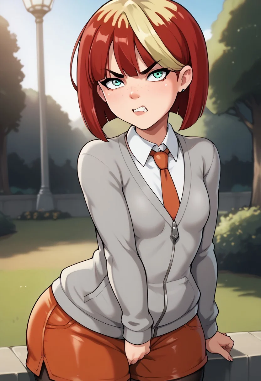 score_9, score_8_up, score_7_up, deep skin, shiny skin, skindentation, source_anime, high quality, highres, ((curvy)), ((wide hips)),, ((thick thighs)), cute, , sexy, small breasts, ,melapkmnXL, MelaPKMN, 1girl, two-toned hair, grey sweater, orange shorts, orange necktie, green eyes, bob cut, red hair, freckles, black pantyhose, tsundere