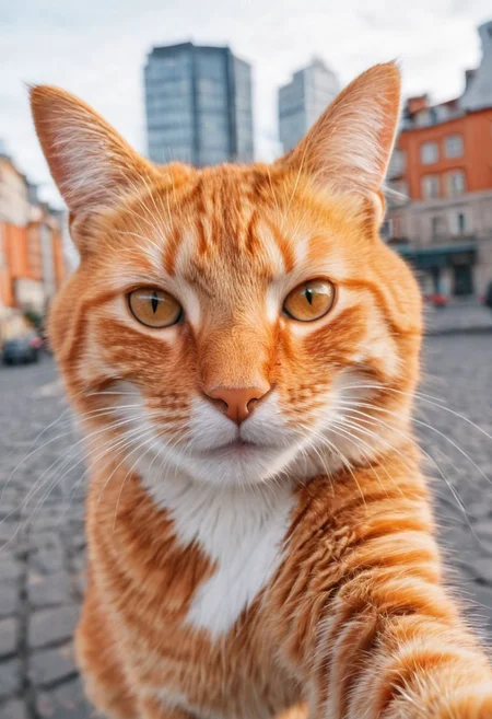 pretty funny cat,take a selfie,looking to camera,kind face,very realistic,city on background,(fluffy:0.2) (ginger:0.2)