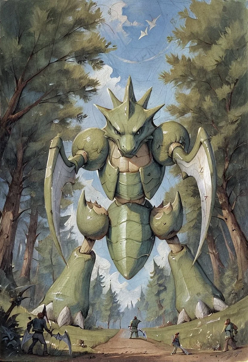 score_9, score_8, score_7, forest, low-angle_view, (Scyther, (giantess), male, slim), gothic art, oil painting, traditional media, realistic, best_quality