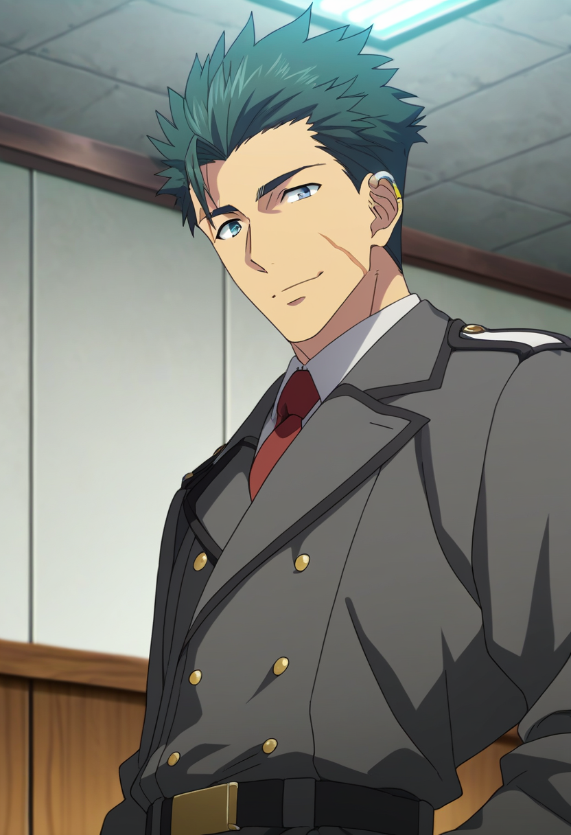 1boy, male focus,
 <lora:Character - 86 - Raiden Shuga:1> raidenshuga, green hair, green eyes, scar, ear piercing,
((zPDXL)), best quality, amazing quality, best aesthetic, absurdres, year2023, nsfw, game cg, official art, official style,  uncensored, anime screencap,
looking at viewer, military uniform, red necktie, grey jacket, indoors, wall, belt,