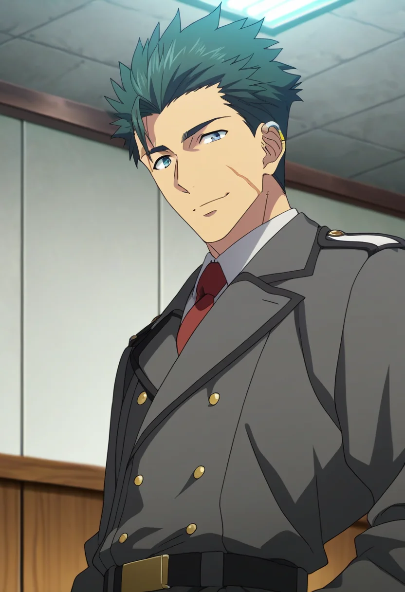 1boy, male focus,
 <lora:Character - 86 - Raiden Shuga:1> raidenshuga, green hair, green eyes, scar, ear piercing,
((zPDXL)), best quality, amazing quality, best aesthetic, absurdres, year2023, nsfw, game cg, official art, official style,  uncensored, anime screencap,
looking at viewer, military uniform, red necktie, grey jacket, indoors, wall, belt,