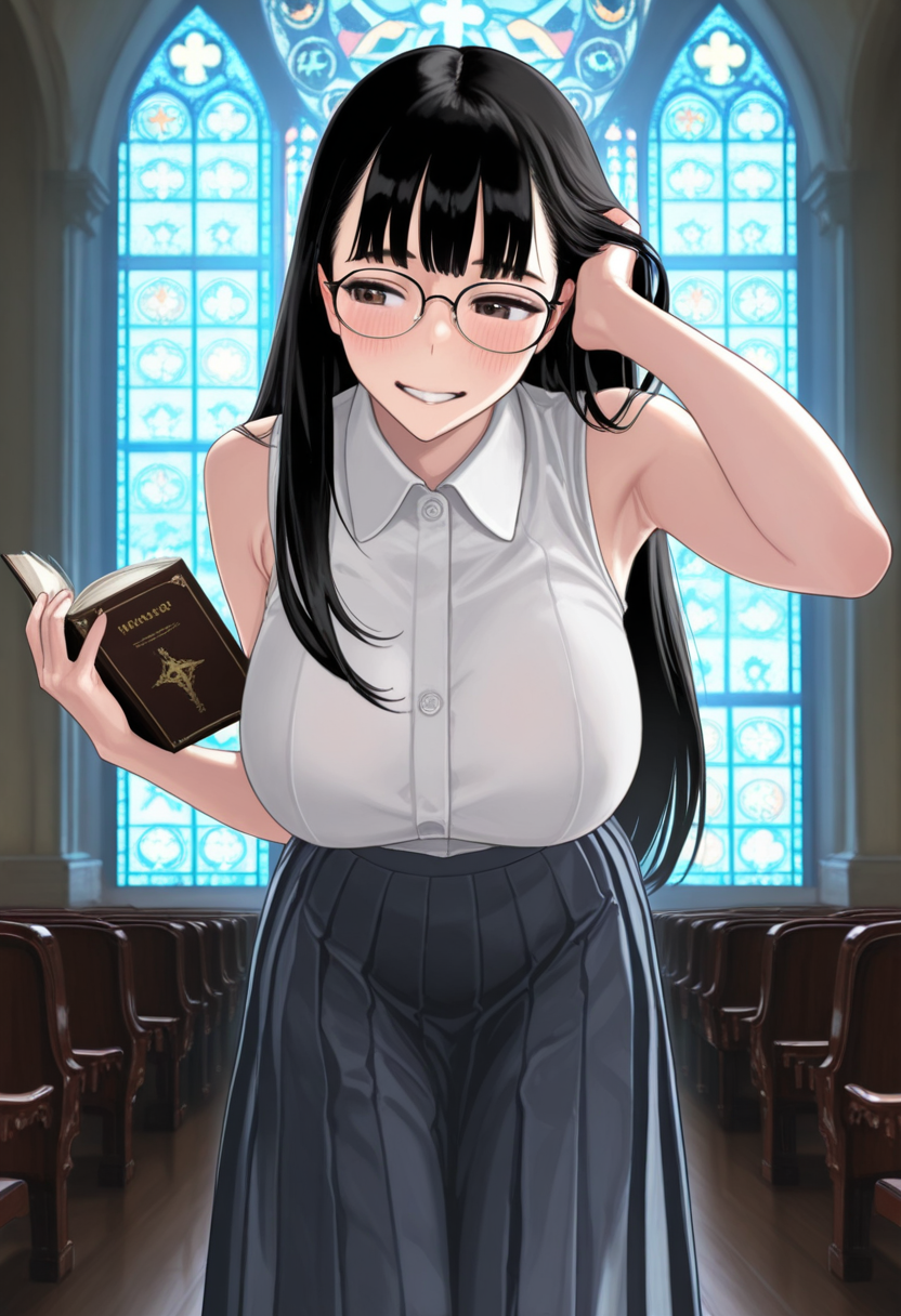 ultra detailed, masterpiece, best quality,  solo, 1girl, female, solo, black hair, long hair, bangs, glasses, large breasts, blush, warm smile, white collared shirt, sleeveless, pleated skirt, long skirt, hand in hair, armpit, holding a book, leaning forward, church, stained glass, dark, cowboy shot,, h1r4m3d0us4,  <lora:HIRAMEDOUSA_Style_ILL_r1:1>