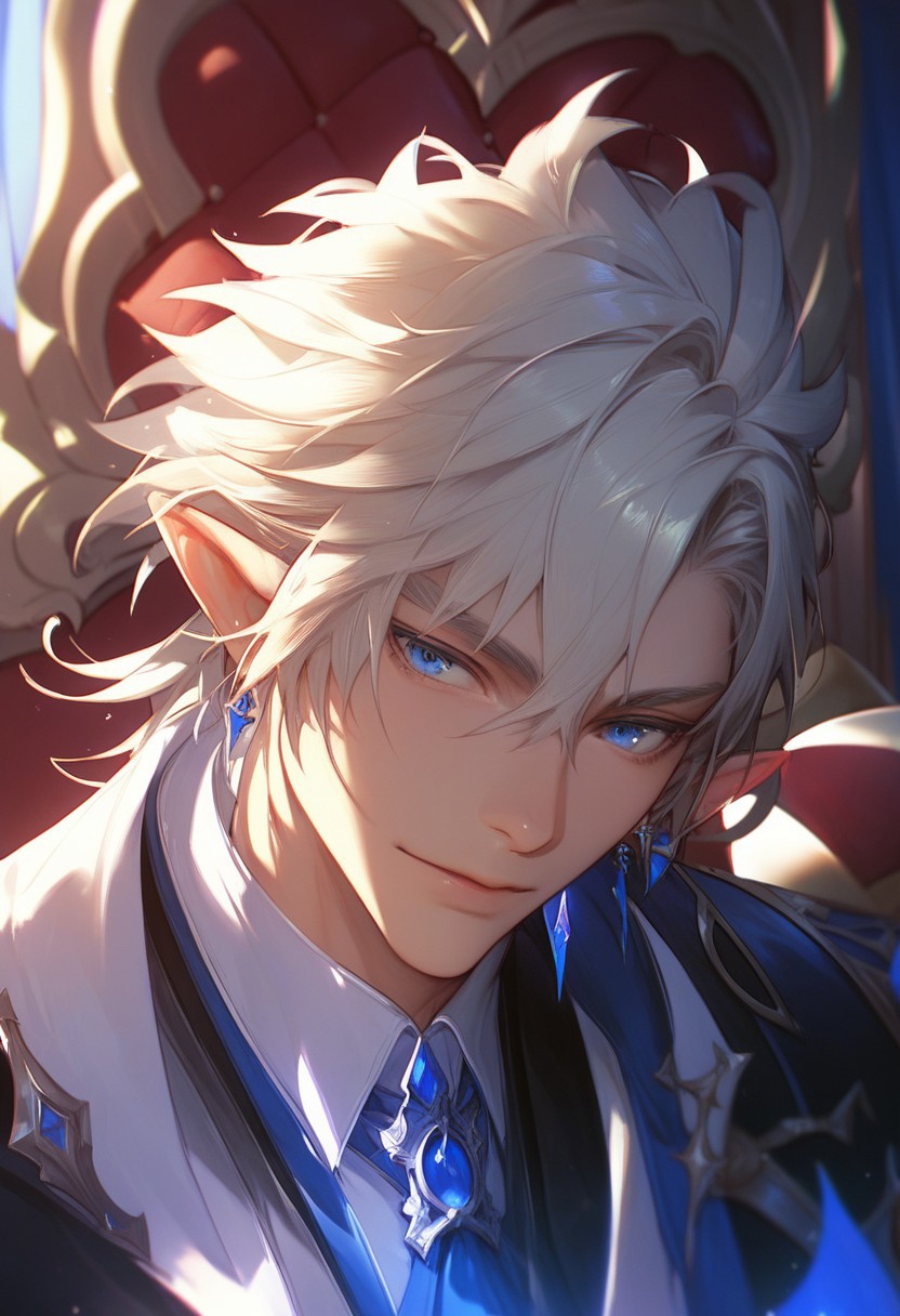 score_9, score_8_up, score_7_up, 2d, anime, detailed, The image is a close-up portrait of a male elf with blue eyes, prince, throne room, fantasy,