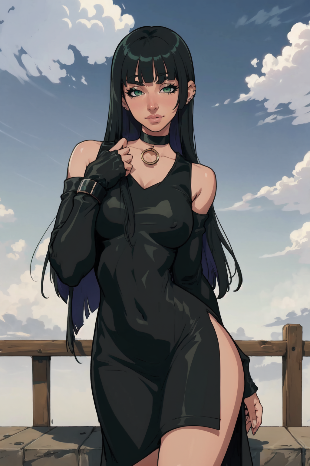 1girl, (solo:1.2), (cowboy shot:1.2), (looking at viewer:1.3),
<lora:PA-san [justTNP - v1.0]:1> pa-san, (blunt bangs:1.3), (long hair), (colored inner hair:1.2), (black hair), purple hair, (green eyes:1.3), large breasts, curvy, young female, hime cut, ear piercing, jewelry, (black dress:1.2), clothing cutout, shoulder cutout, (sleeves past wrists:1.2), choker, black choker
BREAK <lora:Blanclaus [MockAi - v1.0]:0.9> blanclaus, western artstyle
BREAK intricate details, (masterpiece:1.3), (best quality:1.3), (perfect anatomy:1.4) BREAK, (beautiful white clouds:1.3), puffy clouds, white sky