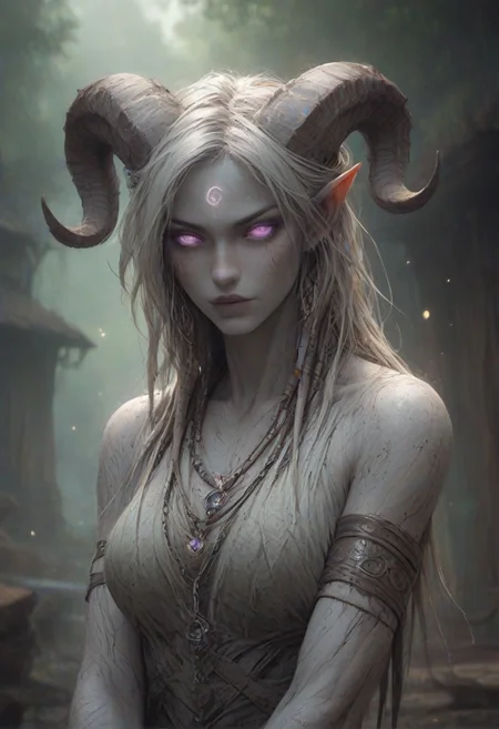 (absurdres, best quality, masterpiece:1.4), score_9, score_8_up, score_7_up, score_6_up, detailed, detailed body, detailed face, world of warcraft, fantasy, <lora:add-detail-xl:1.5>,
fFaceDetail, (female, draenei, h0rns, ram horns, white horns, tall, athletic arms, pale white skin, long white hair, purple eyes, no pupils, no sclera, long white tail, long fingers, purple fingernail polish), 
(long loose white dress, white silk scarf, tail under dress, simple armlet, small yellow gem pendant, small yellow gem earrings),
upper body, front view, looking at viewer, 
depth of field, outdoors, (fantasy faire, wooden village), (crowds in background, fantasy clothing, human, varied clothing)