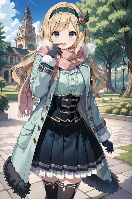 score_max, (score_9, score_8_up, score_7_up:1.2), score_6_up, official art, source_anime,
, masterpiece, absurdres, high detail, 8k,
park, clock tower, stone floor, blue sky,
walking, hand up, hand on own mouth, steam, smile, open mouth,
kamotti, green hairband, hair ornament, plaid scarf, pink scarf, purple scarf, light green coat, long sleeves, fur trim, open coat, green shirt, frilled shirt, corset, gloves, pleated skirt, black skirt, black thighhighs
<lora:XL_Pony_gomaotsu-chamomile-t1:1.0>