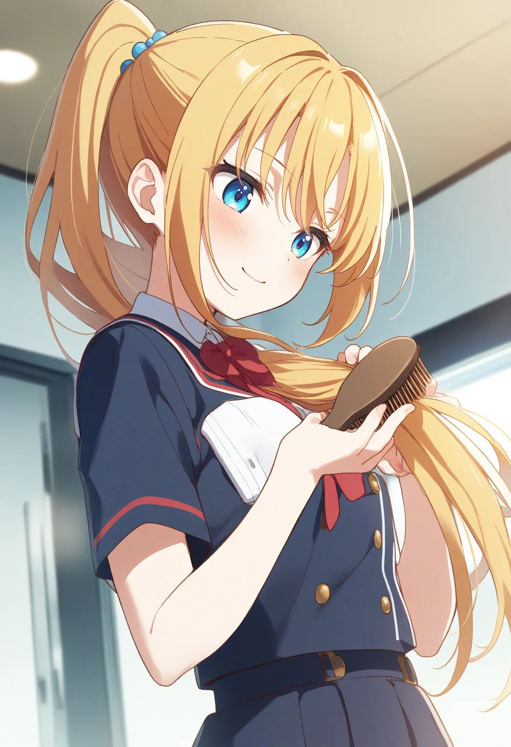 1girl,sincos, ningen mame, toosaka asagi,solo,medium breasts,school uniform,
brushing hair,hair brushing,hair brush,indoors, <lora:brushinghair_XL_v1:0.8>
from side, fisheye lens, looking down, blonde hair, blue eyes,light smile, closed mouth, high ponytail hair,,
best quality, very aesthetic, absurdres