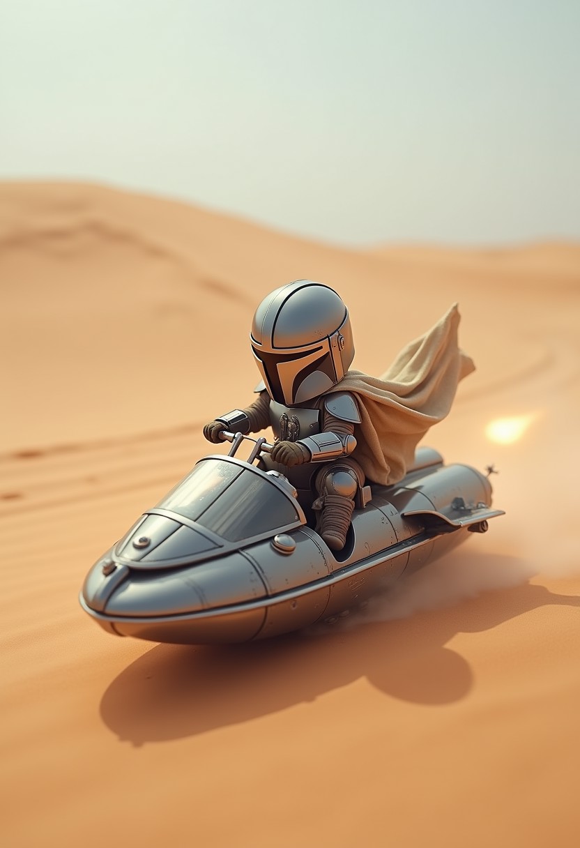 A baby Mandalorian in chrome armor riding on a kid hover craft, sand dunes