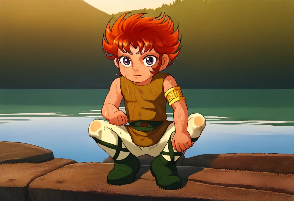 score_9, score_8_up, score_7_up, score_6_up, saintkiki, young, cute boy, male, spiky red-orange hair, large purple eyes, two purple markings on forehead, 1boy, solo, sleeveless tunic, black belt with buckle, golden arm bracelet, white pants, black boots, crisscross straps, beautiful eyes, expressive eyes, androgynous, beautiful face, wet clothes, , great lake background, aid291, smiling, sweet, petite, cute