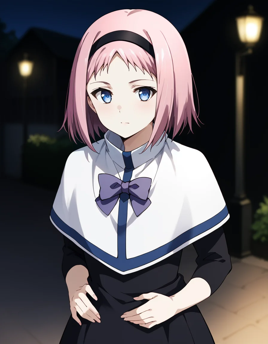 score_9, score_8_up, score_7_up, source_anime, BREAK
1girl, solo, looking at viewer, blurry background, cowboy shot, white wall,
kazumi schlierenzauer, pink hair, short hair, black hairband, blue eyes,
school uniform, white capelet, purple bowtie, black dress,
hands on waist,
<lora:kazumi_schlierenzauer_anime-soralz:1>,
<lora:DarkerThanDarkV0.8:0.7>, dark, night,