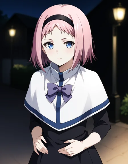 score_9, score_8_up, score_7_up, source_anime, BREAK
1girl, solo, looking at viewer, blurry background, cowboy shot, white wall,
kazumi schlierenzauer, pink hair, short hair, black hairband, blue eyes,
school uniform, white capelet, purple bowtie, black dress,
hands on waist,
<lora:kazumi_schlierenzauer_anime-soralz:1>,
<lora:DarkerThanDarkV0.8:0.7>, dark, night,