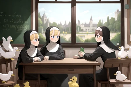 littlenuns, multiple girls, scenery, froggy nun \(diva\), table, chalkboard, ducks, window, indoors, nun, detailed, <lora:littlenuns-000020:0.5>, masterpiece, best quality