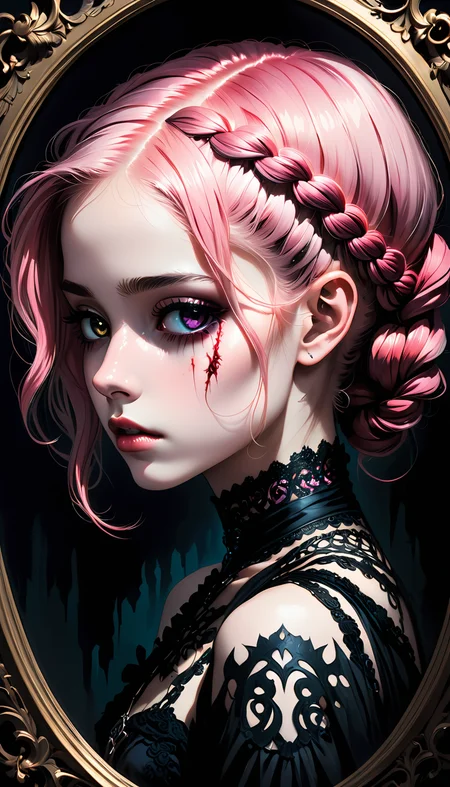 A hauntingly beautiful portrait of a young girl with a large wound her on cheek with stitches, 22 years old, her delicate features are framed by a tangle of intricately braided pink hair, drawing the viewer into her captivating gaze, wearing black, she seems to melt into the shadows that surround her, there's a certain luminosity about her - almost as if she were lit from within, subtle yet vibrant colors creates an ethereal atmosphere that's both mesmerizing and unsettling, Every aspect of this portrait - from the meticulous attention to detail on her clothing and accessories to the dramatic lighting effects - speaks volumes about her unique personality and style preferences, portrait perfectly captures the essence of modern goth culture, showcasing its blend of elegance, mystery, and macabre sensibilities, style of Anato Finnstark,