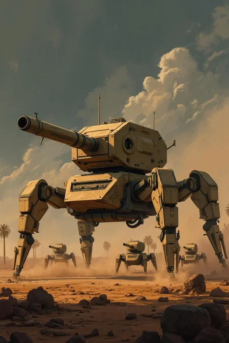 <lora:pixa_atyle-000001.safetensors:1> pixa style,champions,cute
In the heart of a desolate, war-torn landscape, a large, mechanized tank stands as a monolithic sentinel. Its angular, sleek design, painted in sandy beige and muted greens, blends seamlessly with the arid environment while still commanding attention. The tank's imposing turret, adorned with a wide, ominous barrel, rises slightly, casting a shadow over the dusty ground, a silent testament to the weight of its power. The air is thick with a fine haze of dust, swirling around the vehicle and adding a sense of urgency and movement to the scene.
Surrounding the central tank are several smaller, compact military vehicles, their designs echoing the advanced technology of their larger counterpart. These support units are strategically positioned, creating a cohesive and coordinated military formation. The dust kicked up by their movement adds a dynamic quality to the scene, further enhancing the atmosphere of tension and readiness.
In the background, the silhouettes of palm trees stand tall against the horizon, their fronds swaying in the arid breeze. The sky is a deep, brooding twilight, with the last rays of the setting sun casting long shadows and bathing the scene in a muted, cascading light. The ground, a mix of cracked earth and scattered debris, reflects the harshness of the environment and the gravity of the situation.
The tank's four-legged design, reminiscent of a predatory spider, adds an element of both awe and unease. Each leg is a marvel of engineering, a fusion of organic and mechanical elements that seem to pulse with a life of their own. The overall mood is one of intense anticipation, as if the moment is frozen just before the outbreak of action. The scene is a powerful blend of modern warfare and futuristic innovation, capturing a moment of military might in a world on the brink of change.