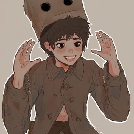 Boy wearing a white shirt and brown pants under a brown trench coat, Boy wearing a brown paper bag on, bright eyes, short brown hair, small boy