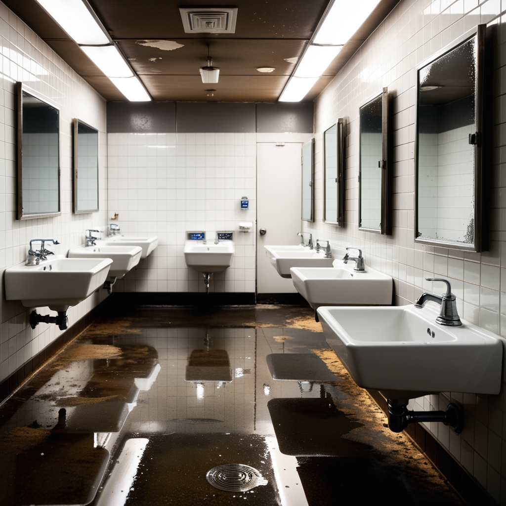 The interior of a public restroom with a utilitarian and slightly neglected design. The walls are covered in plain, slightly stained white tiles, some of which are cracked or chipped. The floor consists of large, dull gray tiles with faint scuff marks and small puddles of water near the sinks. On one side of the room, a row of metal bathroom stalls with scratched doors and faded paint lines the wall. On the opposite wall, a series of wall-mounted urinals made of white ceramic are spaced evenly, each with a metallic flush handle above. Some urinals have faint stains and water streaks, with one having a small puddle beneath it. A row of sinks with old, slightly rusted faucets sits beneath a large, streaked mirror that has smudges and water spots. Above, fluorescent tube lights buzz faintly, casting a cold, sterile glow over the space. A faint smell of cleaning chemicals lingers in the air, mixed with the dampness of the room. A hand dryer is mounted on the wall near the entrance, and a trash bin overflowing with crumpled paper towels stands nearby. The atmosphere feels functional but slightly neglected, emphasizing its everyday use.
<lora:SDXLFaeTastic2400:0.4> <lora:extremely_detailed:0.4> extremely detailed, Masterpiece,best quality,hi res,8k,hi res,8k,award winning,(sharp focus, intricate, highly detailed),