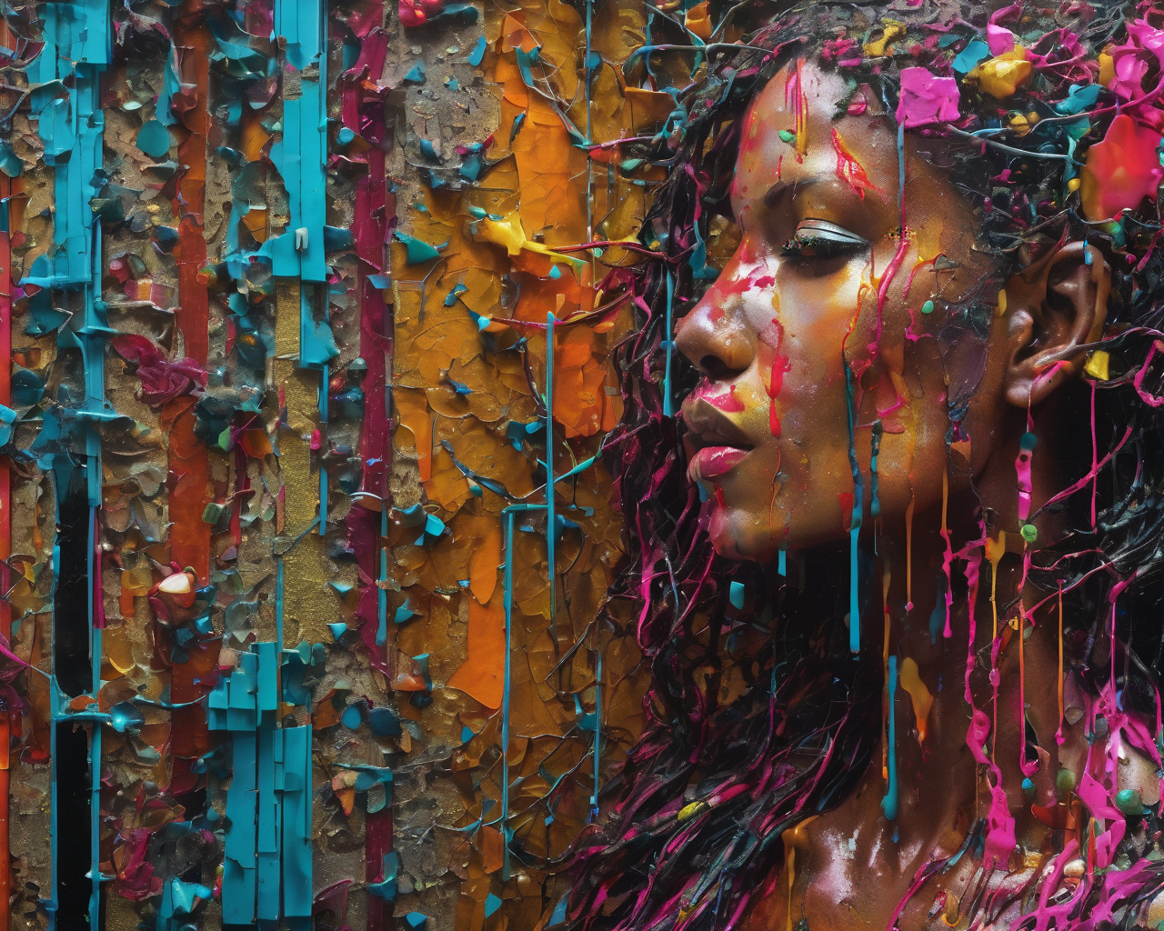 Hyperrealistic art Technopunk,photolab,Kodak portra,Light caustics,Color splash,Multiple layers of silhouette,Pencil painting,trending on CGSociety,"Through shattered mirrors of memories,reflections of a soul emerge,fragmented yet beautiful.",dripping fluorescent colorfull,(Wonderful, intricate),(a superb Art Brut Decollage art),<lora:Sweet_Sticky_xl-01:1> . Extremely high-resolution details, photographic, realism pushed to extreme, fine texture, incredibly lifelike