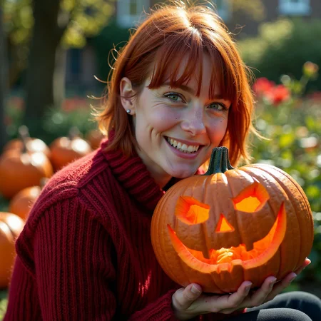The photograph in question is a stunning production still, capturing a young woman with short red hair, dressed in a textured red wool sweater, sitting in a London garden during a sunny Halloween day.  She is holding a terrifying-looking carved pumpkin, with a red glowing from inside, in her hand.  The photograph is shot on 35mm film, providing a timeless and classic quality to the image. The lens used is sharp, rendering every detail of the scene with crisp clarity.
The photograph is taken from a low angle, looking up at the subject, creating a sense of intimacy and vulnerability. The close-up shot focuses on the subject's face and upper body, with a side profile view that showcases her candid smile and the warmth in her expressive eyes. Her green eyes are the focal point of the image, catching the light in a way that is both appealing and alluring.
The garden surrounding the subject is daytime autumn garden, with carved pumpkin all around, providing a natural and organic backdrop to the scene. The sunlight filters through the garden, casting a warm and inviting light on the subject's face. The professional lighting and color grading of the photograph enhance the clean and sharp film look, with even lighting that highlights the subject's light freckles, natural skin imperfections, and visible skin pores.
Overall, the photograph is a beautiful and evocative image that captures the spirit and personality of the young woman in a candid and authentic way. The combination of the 35mm film, sharp lens, low angle, and close-up shot creates a stunning visual that is both timeless and modern, making it a perfect production still for a movie.