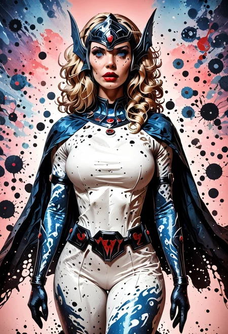 ink splats, MILF, 32 years old, blonde hair, black leather vampire cape, sloppy wavy hair, sexy red boots, revealing outfit, red lips, mascara, eyelashes, hourglass figure, strong, big blue eyes, seductive, mature female, m1lfm3t3r, anezaki mamori, masterpiece, highest quality, realistic skin texture:1.5, high, tear shaped boobs, drow ranger, drow ranger \(dota2\), Masterpiece, 32k, photorealistic:1.4, score_9, score_8_up, score_7_up, huge boobs, small waist, wide hips, high cheekbones, oval face, slim waist, wide hips, thick thighs, full hips, DARK SIDE \(PICTURE BOOK\), NO FACE, colorful background, vivid colors, volumetric light, cinematic light, extremely detailed, bgbrda, top, bodysuit, helmet, armlet, bracelet, gloves, chainmail, skirt, boots, holding weapon, holding rod, wass.