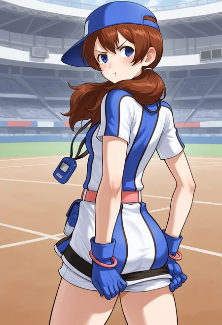 masterpiece, best quality, ultra-detailed, absurdres, newest, 1girl, solo, aingbc, brown hair, long hair, low twintails, blue eyes, baseball cap, multicolored dress, neo geo pocket color necklace, gloves, bracelet, belt, white shorts under dress, from behind, looking back, clothes tug, annoyed, pouting :T, outdoors, arena,