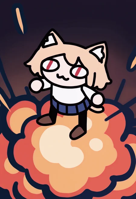 1girl, solo, 
masterpiece, best quality, <lora:necoarc-guy90-Illust-LoraV1:1>, cracen, animal ears, short hair, blonde hair, :3, cat girl, cat tail, red eyes, slit pupils, chibi, animal ear fluff, white sweater, long sleeves, black pantyhose, blue skirt, pleated skirt, boots, brown footwear, looking at viewer <lora:style_walfie_illustriousXL-GLoRA:1>, dot eyes, explosion background