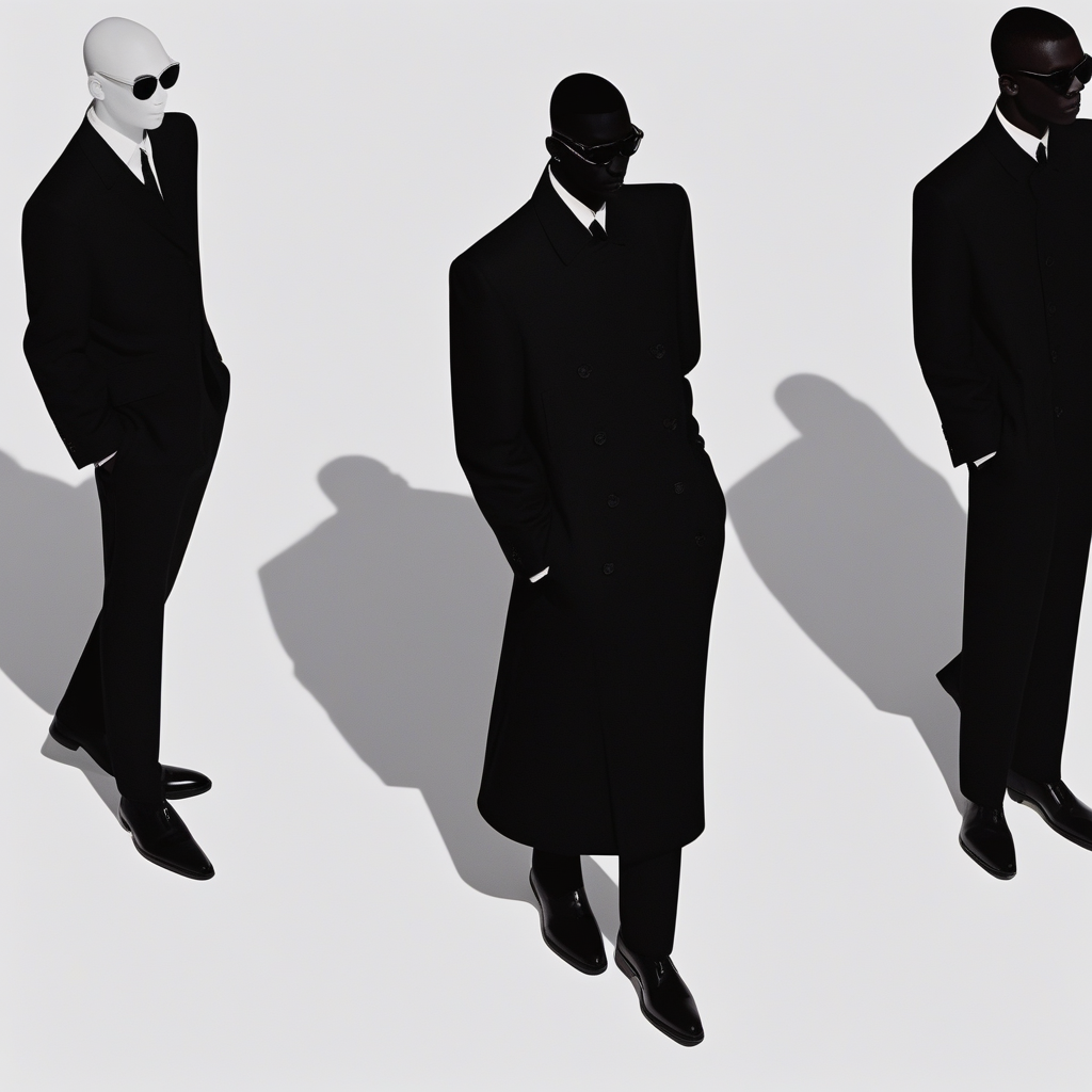 aaAR7fl, masterpiece, highres, best quality, aesthetic, intriguing details, minimalism, fashion campaign, elegant, 1boy, standing, faceless, blackskin, long coat, colourful shadow, from above, sunglasses, 3 other people standing at back in silhouette, black business suits,white cuff,black shoes, necklace, black skin, white background,simple background,full shot, halftone