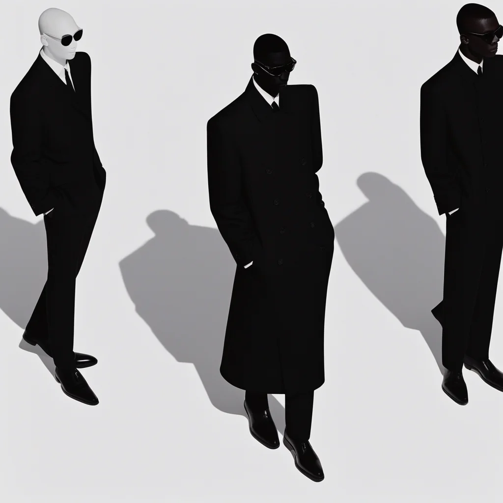 aaAR7fl, masterpiece, highres, best quality, aesthetic, intriguing details, minimalism, fashion campaign, elegant, 1boy, standing, faceless, blackskin, long coat, colourful shadow, from above, sunglasses, 3 other people standing at back in silhouette, black business suits,white cuff,black shoes, necklace, black skin, white background,simple background,full shot, halftone