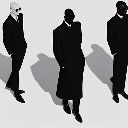 aaAR7fl, masterpiece, highres, best quality, aesthetic, intriguing details, minimalism, fashion campaign, elegant, 1boy, standing, faceless, blackskin, long coat, colourful shadow, from above, sunglasses, 3 other people standing at back in silhouette, black business suits,white cuff,black shoes, necklace, black skin, white background,simple background,full shot, halftone