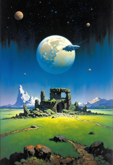 Frank Frazetta sci-fi oil  painting of a panorama view, prehistoric megalithic structure in a vibrant green field, it is midnight and illuminated by a full moon, several other moons and alien planets fill the star filled sky, a classic gothic baroque fantasy art painting with vibrant colors, digital artwork, illustrative, painterly, matte painting, highly detailed, atmospheric haze, panoramic zoomed out view, highly dramatic lighting