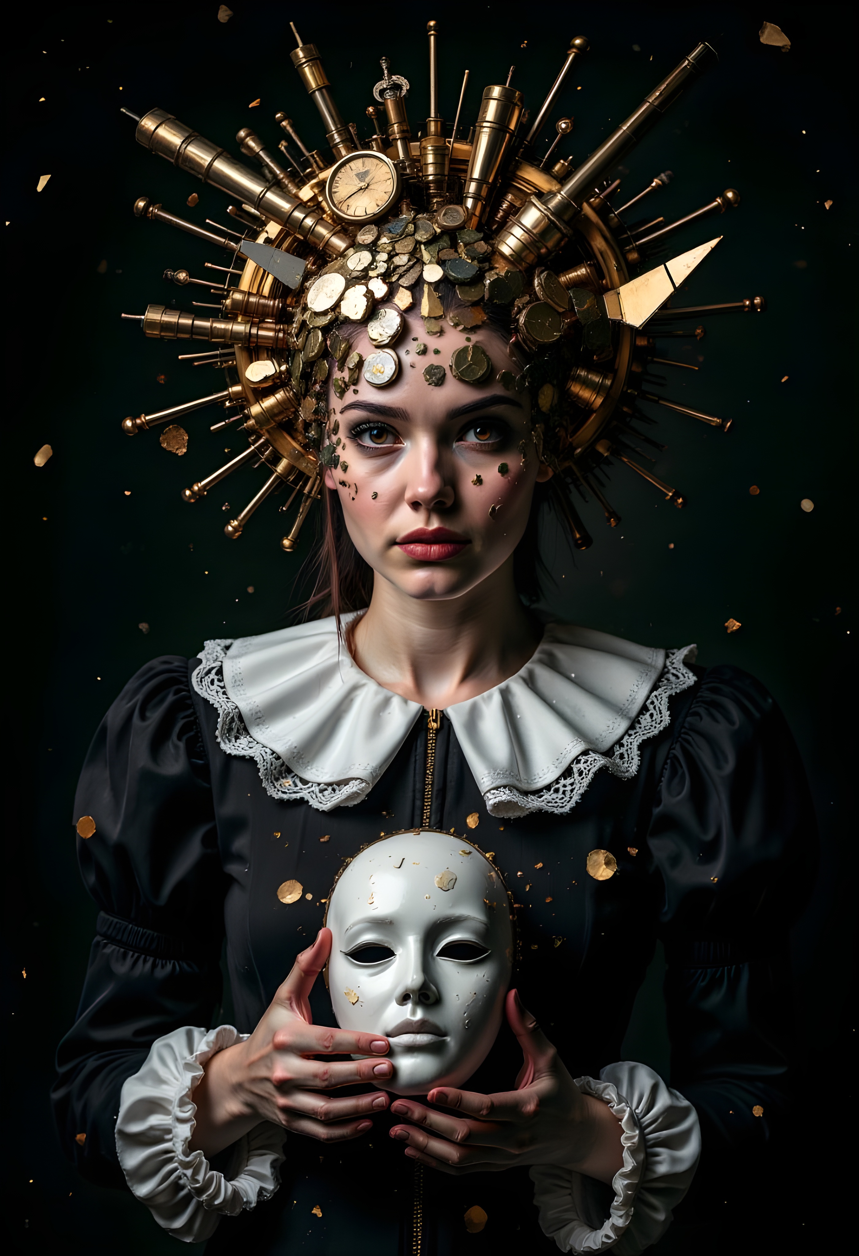 cinna flow, Female figure, 20s-30s, European features, wearing a historical-inspired outfit with a ruffled white lace collar and a dark, possibly black, dress with subtle gold embellishments. Complex mechanical parts and broken golden fragments cover the upper half of her face, forming a fractured mask over an underlying white ceramic face. Gold and white fractured pieces are scattered around the image, giving a sense of destruction. Amber-colored, intense eyes, soft lips, and a calm, somewhat melancholic expression suggest a complex emotional state. She is holding a white mask in her hands. The overall lighting is dramatic, with strong contrast between light and shadow, highlighting the detailed structure and textures of the various elements. The environment is a dark, possibly moody or theatrical setting. Composition is centered, with a slightly high-angle perspective, suggesting an intimate and observational approach. Rich, deep colors, metallic and rich textures, a blend of baroque/gothic design elements create a high-art visual experience. Style leans towards steampunk and surrealism with elements of dark fantasy and drama, creating a mood of mystery and contemplation. Exaggerated details, close focus, and complex textures, give an otherworldly feeling.
