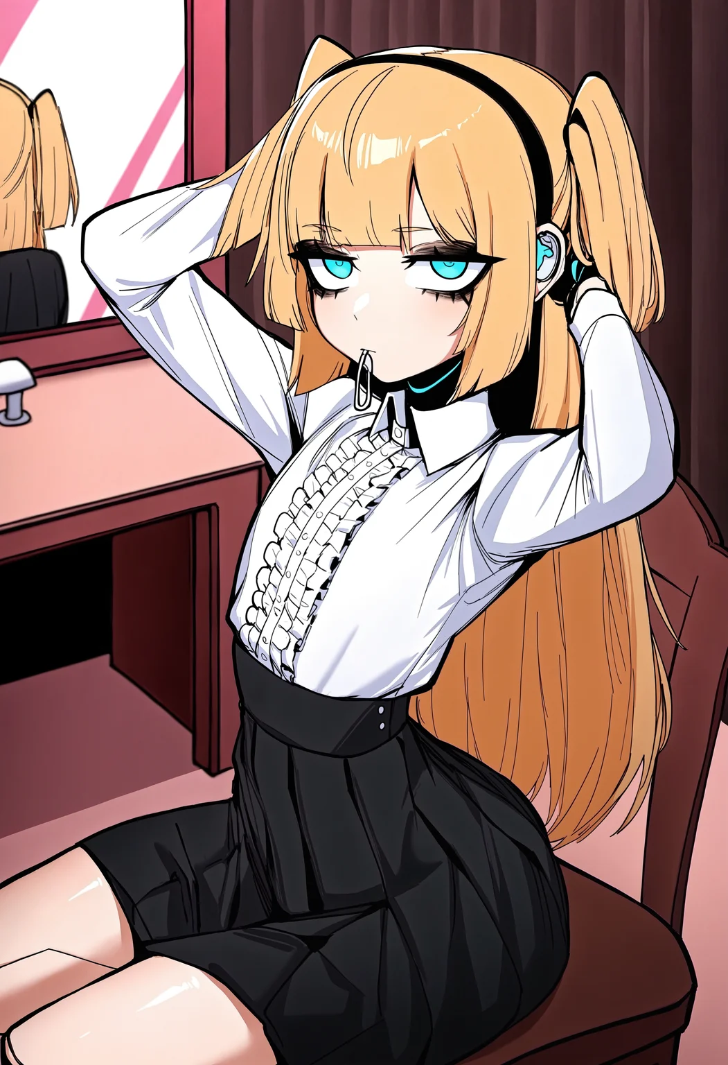 1girl, solo, jdotkdot5, expressionless, jitome, blue eyes, blonde hair, two side up, long hair, child, female child, seams, joints, (android:1.1), robot ears, arms_behind_head, arched back, humanoid robot, adjusting_hair, sitting, high-waist_skirt, hairband in mouth, chair, mouth_hold, collared shirt, frilled shirt, indoors, bedroom, mirror, vanity_table, masterpiece, best quality, newest, absurdres, highres