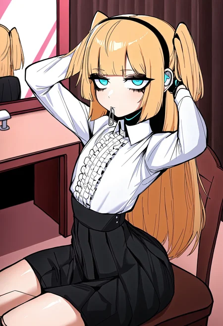 1girl, solo, jdotkdot5, expressionless, jitome, blue eyes, blonde hair, two side up, long hair, child, female child, seams, joints, (android:1.1), robot ears, arms_behind_head, arched back, humanoid robot, adjusting_hair, sitting, high-waist_skirt, hairband in mouth, chair, mouth_hold, collared shirt, frilled shirt, indoors, bedroom, mirror, vanity_table, masterpiece, best quality, newest, absurdres, highres