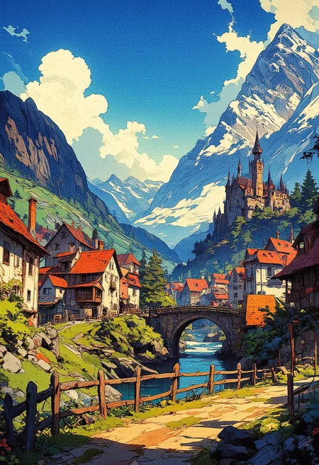 A stunning anime-style landscape of a peaceful European-inspired village nestled in a lush mountain valley. A winding dirt path in the foreground, lined with wooden fences and vibrant green foliage, leads towards the village, which is filled with charming medieval-style buildings with red-tiled roofs. A stone bridge arches over a gently flowing river, connecting different parts of the village. In the distance, a majestic castle with tall spires sits atop a rocky cliff, overlooking the valley. Towering snow-capped mountains dominate the background, with fluffy white clouds drifting across a brilliant blue sky. The sunlight bathes the entire scene in a warm, golden glow, casting soft shadows and enhancing the rich details of the architecture and landscape. The atmosphere is tranquil and idyllic, evoking a sense of adventure and nostalgia, reminiscent of classic Studio Ghibli aesthetics with a semi-realistic fantasy touch.
,  anime, cyberpunk
